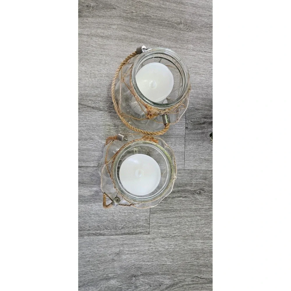 Set of 2 Nautical Glass Lanterns with Jute Rope Netting and Handles Clear Ribbed